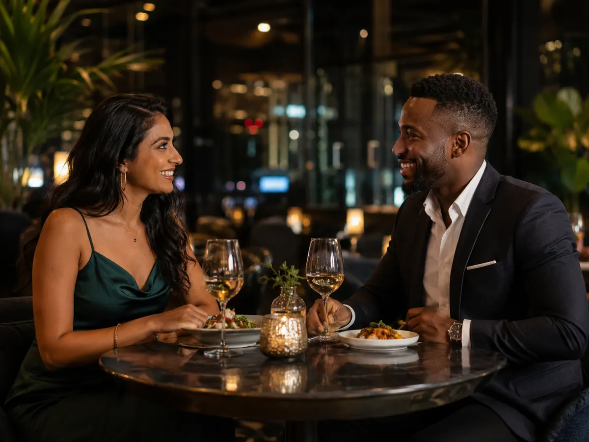 A stylish Black South African man and Indian South African woman enjoying a real first date at an elegant restaurant.