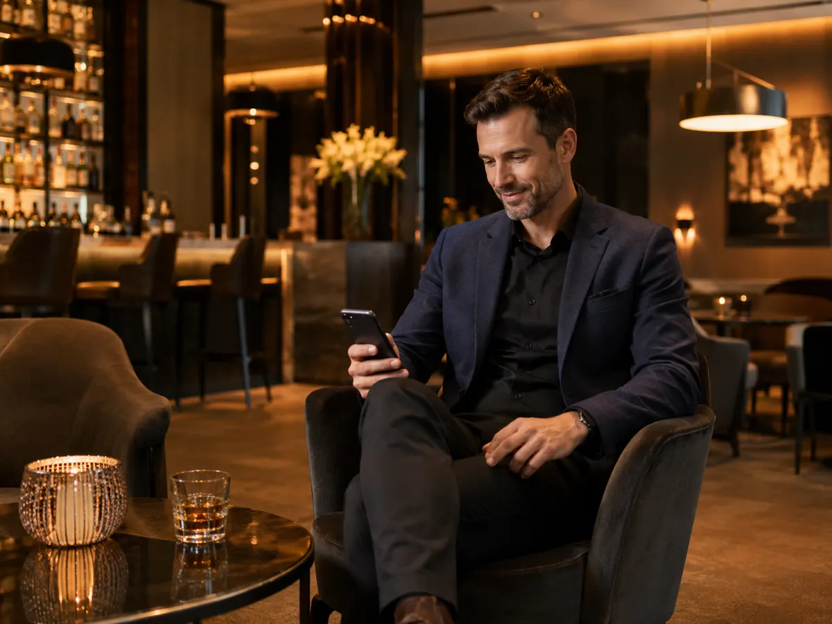 A polished white South African man checking his phone in an elegant lounge.