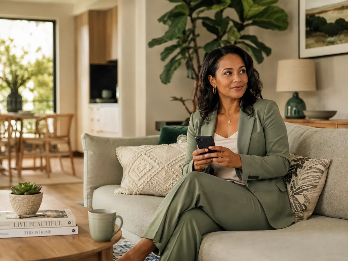 A confident Coloured South African woman in a warm modern living space.