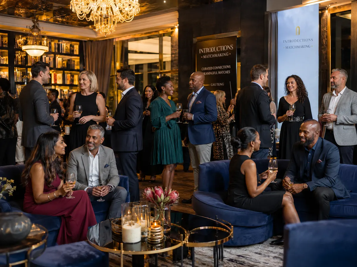 A diverse group of stylish professional singles socialising at an elegant private event.