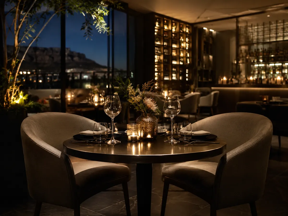 An elegant table for two set for a date in an intimate restaurant.